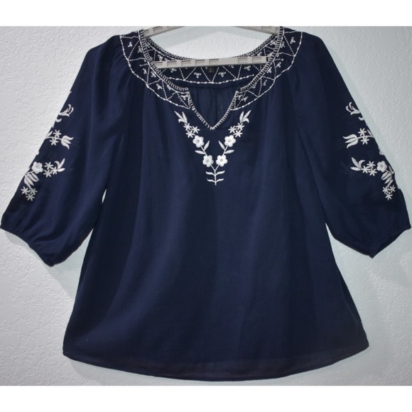 Talbots Tops - TALBOTS 1X Cotton Navy Blue White Embroidery 3/4 Sleeves Gauze Peasant Boho Top